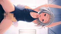  1girl animated blush grabbing_another&#039;s_breast breasts censored cleavage grabbing grey_eyes hand_on_breast idol_wars_z locker locker_room medium_breasts one-piece_swimsuit open_mouth sex short_hair silver_hair swimsuit  rating:Explicit score:31 user:halarash
