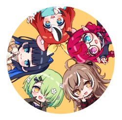  5girls :d ahoge black-framed_eyewear black_gloves black_hair black_sailor_collar black_serafuku black_shirt blue_eyes blue_hair blue_shirt blush braid brown_background brown_eyes brown_hair brown_jacket ceres_fauna chibi commentary elbow_gloves fangs flower glasses gloves green_hair hair_between_eyes hair_flower hair_intakes hair_ornament hair_over_one_eye hairclip hakos_baelz heterochromia highres hitsukuya hololive hololive_english irys_(hololive) jacket long_sleeves low_twintails multicolored_hair multiple_girls nanashi_mumei one_side_up open_clothes open_jacket open_mouth orange_eyes ouro_kronii outstretched_arm pointy_ears puffy_long_sleeves puffy_sleeves purple_eyes purple_hair red_hair ribbed_sweater round_eyewear round_image sailor_collar school_uniform serafuku shirt smile streaked_hair striped_clothes striped_sweater sweater twin_braids twintails two-tone_hair v white_flower white_hair white_shirt 