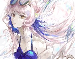  1girl arknights blue_dress blue_hair breasts ceylon_(arknights) ceylon_(holiday)_(arknights) cleavage dress eyewear_on_head feather_hair floating_hair halterneck highres looking_at_viewer multicolored_hair pink_hair qianzhu sketch sleeveless sleeveless_dress small_breasts solo sunglasses two-tone_hair upper_body yellow_eyes 