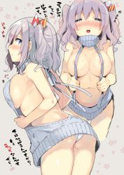 10s 1girl areola_slip ass backless_outfit bare_back bare_shoulders beret blue_eyes breast_press breasts butt_crack collarbone dress embarrassed from_behind half-closed_eyes hat kantai_collection kashima_(kancolle) kibii_mocha large_breasts long_hair looking_at_viewer meme_attire multiple_views naked_sweater navel nipples open_mouth panties ribbed_sweater sideboob silver_hair sweater sweater_dress thighs turtleneck turtleneck_sweater twintails underwear virgin_killer_sweater wardrobe_error wavy_hair white_panties rating:Questionable score:30 user:danbooru