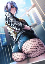 1girl artist_request ass ass_support blue_eyes blue_hair breasts city denim denim_shorts ear_piercing fishnet_pantyhose fishnets from_behind from_below hand_in_pocket highres huge_ass jacket looking_away original pantyhose piercing sadakage shiny_clothes shiny_skin short_hair short_shorts shorts sideboob solo rating:Questionable score:150 user:armorcrystal