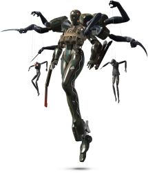  1girl 3d armor extra_arms female_focus floating full_body highres knife marionette mecha metal_gear_(series) metal_gear_solid_4 power_suit psycho_mantis puppet robot screaming_mantis solo the_sorrow weapon white_background 