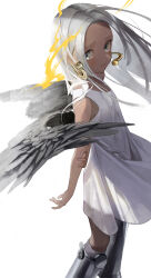  1girl angel_wings azimu_yukita bare_shoulders black_footwear black_wings boots closed_mouth dark-skinned_female dark_skin dress earrings feathered_wings feet_out_of_frame fire from_above from_side furrowed_brow highres jewelry looking_at_viewer one_piece s-snake seraphim_(one_piece) sidelighting sleeveless sleeveless_dress snake_earrings solo standing star-shaped_pupils star_(symbol) symbol-shaped_pupils tearing_up white_dress white_hair wings 