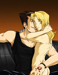  2boys ass automail back blonde_hair brown_hair edward_elric facial_hair fullmetal_alchemist greed_(fma) grin hair_down holding homunculus long_hair looking_back maes_hughes male_focus multiple_boys nude ouroboros ponderosa prosthesis purple_eyes short_hair size_difference smile spiked_hair stubble tank_top tattoo yaoi yellow_eyes  rating:Questionable score:47 user:drwizardo