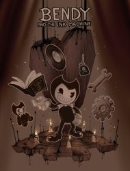  1boy bendy bendy_and_the_ink_machine book bowtie coffin demon gears gloves ink record stuffed_toy  rating:Sensitive score:5 user:twilight_jester