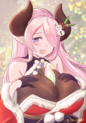  1girl absurdres bare_shoulders blue_eyes braid breasts christmas crown_braid draph enlay granblue_fantasy hair_ornament hair_over_one_eye hairclip heart heart-shaped_pupils highres horns large_breasts long_hair looking_at_viewer mistletoe narmaya_(granblue_fantasy) pink_hair purple_hair self-upload solo symbol-shaped_pupils twitter_username upper_body  rating:Sensitive score:13 user:Enlay