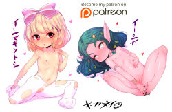  10s aged_down armband blonde_hair blush born-to-die bow bracelet cleft_of_venus colored_skin earrings elf flat_chest green_hair imouto_paradise! jewelry loli long_hair lying nail_polish nanase_hiyori navel necklace night_elf_(warcraft) nipples nude on_back pantyhose pointy_ears purple_skin pussy short_hair tyrande_whisperwind warcraft world_of_warcraft 