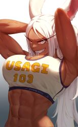 1girl abs adjusting_hair animal_ears armpits arms_behind_head arms_up artist_name bare_shoulders boku_no_hero_academia breasts cleavage clothes_writing commentary corrupted_twitter_file dark-skinned_female dark_skin english_commentary grin hair_tie hair_tie_in_mouth highres large_breasts long_eyelashes long_hair mirko mouth_hold muscular muscular_female navel parted_bangs rabbit_ears rabbit_girl red_eyes shibarinsfw smile solo sports_bra stomach sweat teeth upper_body very_long_hair white_hair white_sports_bra 
