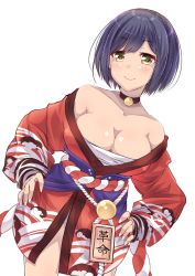  1girl bell neck_bell blue_hair breasts cleavage collar hands_on_own_hips highres iga_tamaki japanese_clothes large_breasts lineage long_sleeves looking_at_viewer nijisanji off_shoulder sarashi shizuka_rin short_hair smile solo tagme virtual_youtuber white_background yellow_eyes 