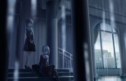  2girls ankle_socks aqua_neckerchief bag black_bag black_choker black_pantyhose blurry blurry_foreground brown_dress brown_footwear choker closed_mouth colored_inner_hair dark dress flower foot_up frown game_cg green_eyes grey_hair hair_bun hair_flower hair_ornament hasu_no_sora_school_uniform highres holding holding_bag in-universe_location link!_like!_love_live! loafers long_hair long_sleeves looking_ahead looking_down love_live! medium_dress multicolored_hair multiple_girls neckerchief o-ring o-ring_choker official_art otomune_kozue outdoors pantyhose pillar pleated_dress purple_hair rain red_eyes red_flower red_hair sailor_collar sailor_dress school_bag school_uniform shoes short_hair side_ponytail sidelocks single_side_bun sitting sitting_on_stairs socks stairs standing streaked_hair third-party_source two-handed v_arms virtual_youtuber white_sailor_collar white_socks wide_shot window winter_uniform yugiri_tsuzuri 