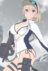 1girl baseball_cap bikini blonde_girl_(itou) blonde_hair blue_eyes blush breasts cleavage cloud cloudy_sky collarbone commentary_request cowboy_shot eyewear_on_headwear floral_print from_below gun hat highres holding holding_gun holding_weapon itou_(onsoku_tassha) jacket looking_at_viewer medium_breasts ocean open_clothes open_jacket original palm_tree partially_unzipped pouch side-tie_bikini_bottom sky smile solo submachine_gun sunglasses swimsuit tan tanline teeth thigh_pouch tree weapon white_jacket 
