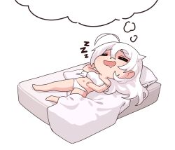  1girl bare_shoulders bed breasts closed_eyes dreaming highres iwbitu large_breasts long_hair navel open_mouth original sleeping smile solo thought_bubble white_hair  rating:Sensitive score:7 user:danbooru