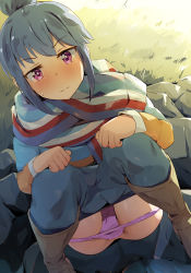 1girl blue_hair blue_pants blush boots brown_footwear closed_mouth clothes_pull commentary_request dutch_angle hair_bun highres knee_boots knees_up long_sleeves outdoors panties pants pants_pull panty_pull pee purple_eyes purple_panties scarf seneto shima_rin sidelocks single_hair_bun solo squatting sweat underwear v-shaped_eyebrows yurucamp rating:Questionable score:105 user:danbooru