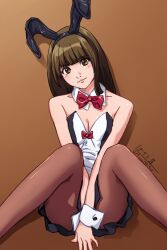  1girl bare_shoulders black_skirt blush bow breasts breasts_squeezed_together brown_eyes brown_hair cleavage female_focus highres medium_hair monogatari_(series) nightstark nontraditional_playboy_bunny pantyhose rabbit_ears red_bow sengoku_nadeko skirt small_breasts smile solo wrist_cuffs 