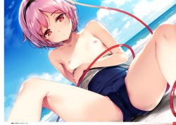 1girl absurdres arm_support beach blue_sky breasts cameltoe cleft_of_venus cloud collarbone day hairband highres horizon ke-ta knees_up komeiji_satori looking_at_viewer nipples non-web_source ocean open_clothes outdoors pink_eyes pink_hair reclining sand short_hair sitting sky small_breasts solo spread_legs swimsuit touhou translation_request water wet rating:Questionable score:75 user:danbooru