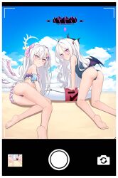  2girls :&lt; absurdres ahoge all_fours angel_wings arm_support ass azusa_(blue_archive) azusa_(swimsuit)_(blue_archive) bare_legs beach bikini blue_archive blue_one-piece_swimsuit blush closed_mouth crossed_bangs day demon_horns demon_wings empty_eyes feet food-themed_hair_ornament forehead frilled_bikini frills from_behind grey_hair hair_between_eyes hair_ornament hair_ribbon hairclip halo highres hina_(blue_archive) hina_(swimsuit)_(blue_archive) horns innertube legs light_frown looking_at_viewer low_wings lying multiple_girls ocean on_side one-piece_swimsuit one_side_up orange_hair_ornament outdoors parted_bangs pink_eyes purple_eyes ribbon ribbonsnek school_swimsuit soles summer sunlight swim_ring swimsuit thighs toes tsurime viewfinder wings  rating:Sensitive score:13 user:danbooru