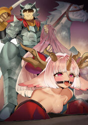  1boy 1girl absurdres aiza_the_dragoness_of_deranged_devotion armor blush breasts cape character_request dragon_girl dragon_horns duel_monster gag head_wings helmet highres holding holding_hair holding_sword holding_weapon horns knight long_hair nipples open_mouth pink_eyes pink_hair red_cape red_eyes ring_gag ro_g_(oowack) small_breasts sword tongue tongue_out weapon wings yu-gi-oh! 