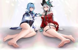  2girls arknights arm_support bare_legs barefoot black_hairband black_leotard blue_gloves blue_hair blue_necktie bm_(bm364364) breasts brown_eyes chinese_commentary clothing_cutout commentary_request dress eula_(genshin_impact) feet foreshortening genshin_impact gloves grey_background hair_between_eyes hairband heart heart_hands heart_hands_duo highres large_breasts legs leotard long_hair lying medium_hair multiple_girls navel_cutout necktie on_side red_dress red_eyes satou_rina shadow short_shorts shorts skadi_(arknights) skadi_the_corrupting_heart_(arknights) soles thighs toes twitter_username voice_actor_connection white_gloves 