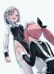  2girls :d black_ribbon blue_eyes blue_garter_straps blush breasts commentary commentary_request english_commentary garter_straps grey_background grey_hair hair_ornament hair_ribbon hand_on_another&#039;s_head highres liclac long_hair maid maid_headdress mixed-language_commentary multiple_girls open_mouth original pink_hair ponytail ribbon short_hair simple_background small_breasts smile teeth thighhighs upper_teeth_only white_thighhighs yuri 