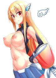  1girl astraea_(sora_no_otoshimono) blonde_hair blush breasts clip_studio_paint_(medium) dosu_(doseven) long_hair looking_at_viewer medium_breasts navel nipples red_eyes sideboob simple_background smile solo sora_no_otoshimono topless very_long_hair white_background  rating:Questionable score:25 user:danbooru
