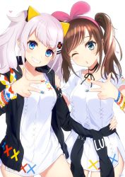  2girls black_jacket blue_eyes blue_nails blush breasts brown_hair clothes_around_waist collarbone commentary_request cosplay crossover dress fingernails green_eyes grin hair_ornament hair_ribbon hairclip hand_on_another&#039;s_waist head_tilt heart heart_in_eye highres jacket jacket_around_waist kaguya_luna kaguya_luna_(character) kaguya_luna_(character)_(cosplay) kizuna_ai kizuna_ai_inc. long_hair matching_outfits medium_breasts multicolored_nails multiple_girls nail_polish omelet_tomato one_eye_closed open_clothes open_jacket parted_lips pink_ribbon red_nails ribbon short_sleeves silver_hair smile symbol_in_eye the_moon_studio twintails virtual_youtuber w white_dress x 