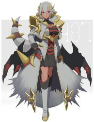  1girl armor boots breasts choker cleavage_cutout clothing_cutout creatures_(company) dark-skinned_female dark_skin game_freak gen_4_pokemon giratina giratina_(altered) gloves gold_trim grey_hair hair_ornament highres jacket knee_boots large_breasts legendary_pokemon long_sleeves low_wings nintendo open_clothes open_jacket parted_lips personification pleated_skirt pokemon red_eyes sakuragi_raia short_hair shoulder_armor skirt slit_pupils solo tail wings wrist_belt  rating:General score:13 user:danbooru