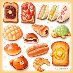  animal-themed_food artist_name beans border bread bread_slice brown_border butter commentary croissant egg_(food) food food_focus fruit fruit_sandwich hot_dog may_illust5 melon_bread no_humans original sandwich strawberry tonkatsu white_background 