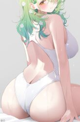  1girl alternate_costume ass back_cutout bare_arms bare_shoulders blush breasts butt_crack ceres_fauna closed_mouth clothing_cutout cropped_head deyui flower from_behind green_hair hair_flower hair_ornament highres hololive hololive_english large_breasts long_hair looking_at_viewer looking_back mole mole_under_eye on_bed one-piece_swimsuit sitting smile solo swimsuit virtual_youtuber white_flower white_one-piece_swimsuit yellow_eyes 