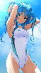  1girl aigami_kaon arms_behind_head blue_eyes blue_hair blue_sky breasts cloud commentary_request competition_swimsuit covered_navel garter-velvet highleg highleg_swimsuit highres looking_at_viewer medium_breasts multicolored_clothes multicolored_swimsuit one-piece_swimsuit original sky solo standing swimsuit twintails white_one-piece_swimsuit 