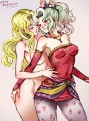 2girls artist_name blonde_hair blue_eyes blush breasts celes_chere closed_eyes closed_mouth clothed_female_nude_female dated detached_sleeves dress earrings final_fantasy final_fantasy_vi green_hair hair_between_eyes hair_ornament hair_over_shoulder hair_ribbon hand_on_own_hip jewelry medium_breasts mina_cream multiple_girls navel nipples nude pantyhose patterned_legwear ponytail pubic_hair pussy red_dress ribbon strapless strapless_dress tagme third-party_edit tina_branford uncensored yuri