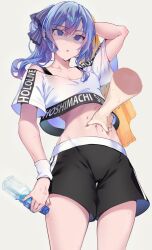  1girl anger_vein black_shorts black_sports_bra blue_hair blue_nails bottle breasts cameltoe character_name clothes_writing commentary_request cropped_shirt disembodied_hand earrings glaring grabbing_another&#039;s_stomach hair_ribbon high_side_ponytail holding holding_bottle hololive hololive_dance_practice_uniform hoshimachi_suisei jewelry medium_hair meme midriff navel no_pupils official_alternate_costume omoti_(1201208) open_mouth partially_shaded_face ribbon shirt short_sleeves shorts simple_background small_breasts solo sports_bra sports_bra_peek star_(symbol) star_earrings sweat t-shirt towel virtual_youtuber water_bottle white_shirt white_wristband workout_clothes  rating:Sensitive score:12 user:danbooru