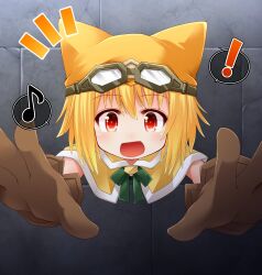  ! 1girl :d animal_ears blonde_hair bowtie brown_gloves cape cat_ears cat_girl foreshortening glory_wall gloves goggles goggles_on_head green_bow green_bowtie highres kso loli medium_hair musical_note open_mouth original reaching reaching_towards_viewer red_eyes restrained smile solo spoken_musical_note stationary_restraints stone_wall through_wall upper_body webp-to-png_conversion yellow_cape 