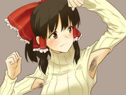 1girl alternate_costume arm_up armpit_cutout armpit_hair armpits black_hair blush bow brown_eyes brown_hair clenched_hands clothing_cutout colored_eyelashes frills frown grey_background hair_bow hair_tubes hakurei_reimu long_sleeves looking_to_the_side meme meme_attire open-chest_sweater orange_eyes parody ponytail ribbed_sweater shiratama_(hockey) short_hair short_ponytail sidelocks simple_background solo sweater touhou turtleneck upper_body rating:Questionable score:48 user:Juni221