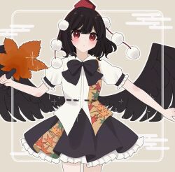  1girl asumi276 belt bird_wings black_belt black_bow black_bowtie black_hair black_skirt black_wings blush bow bowtie breasts collared_shirt commentary_request cowboy_shot egasumi feathered_wings frilled_sleeves frills hand_fan hat hauchiwa highres holding holding_fan leaf_print medium_hair pom_pom_(clothes) puffy_short_sleeves puffy_sleeves red_eyes red_hat shameimaru_aya shirt short_sleeves skirt small_breasts solo tokin_hat touhou white_shirt wings 