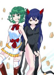  2girls alternate_costume black_dress blue_hair boots breasts collar crossover curly_hair dress dress_shirt fairy_tail green_eyes green_hair holding_hands loli looking_at_viewer multiple_girls no_panties one-punch_man red_ribbon ribbon shirt shy small_breasts sorambk tatsumaki thighs tight_clothes tight_dress twintails wendy_marvell white_collar white_dress 