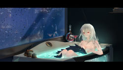  1girl alcohol arknights bathtub blush bottle breasts chinese_commentary cityscape cleavage commentary_request cup drinking_glass highres indoors large_breasts letterboxed long_hair looking_at_viewer night nude official_alternate_costume parted_lips rain red_eyes silver_hair skadi_(arknights) skadi_the_corrupting_heart_(arknights) smile transparent_bathtub very_long_hair water water_drop window wine wine_bottle wine_glass ygahh 