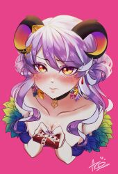 1girl 2024 aconite_id artist_name bad_tag birdieboba blush breasts cleavage earrings feathers gift horns indie_virtual_youtuber jewelry large_breasts purple_hair purple_nail_polish solo tengu valentine virtual_youtuber yellow_eyes