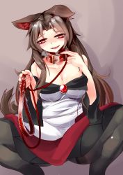 1girl animal_ears bare_shoulders blush breasts brooch brown_hair cleavage collar dress heavy_breathing highres imaizumi_kagerou jewelry large_breasts leash long_hair long_sleeves nama_shirasu off-shoulder_dress off_shoulder pantyhose red_eyes solo spread_legs squatting tail touhou wide_sleeves wolf_ears wolf_tail rating:Questionable score:7 user:danbooru
