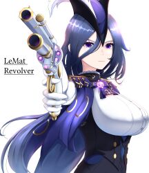  1girl absurdres black_corset blue_hair breasts buttons cape clorinde_(genshin_impact) closed_mouth collared_shirt corset framed_breasts from_side genshin_impact gloves gun hair_between_eyes handgun hat highres holding holding_gun holding_weapon large_breasts long_hair musanix purple_eyes shirt solo tassel tricorne vision_(genshin_impact) weapon white_gloves white_shirt 