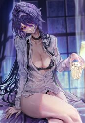  1girl acheron_(honkai:_star_rail) alternate_costume bare_legs black_bra black_choker black_panties bra breasts chiachun0621 choker cleavage collared_shirt commentary crossed_legs cup drinking_glass eyes_visible_through_hair hair_over_one_eye highres holding holding_cup honkai:_star_rail honkai_(series) indoors large_breasts long_hair looking_to_the_side multicolored_hair night night_light night_sky open_clothes open_shirt panties parted_lips purple_eyes purple_hair see-through see-through_shirt shirt sitting sky solo streaked_hair underwear white_shirt window 