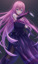  absurdres angry black_thighhighs blue_eyes boots bow breasts cleavage dress female_focus frills gloves hair_between_eyes halterneck hand_on_chest hand_on_own_chest hatyomugi00 highres knife looking_at_viewer megurine_luka multicolored_hair pink_hair purple_dress purple_footwear ribbon side_slit simple_background skirt solo thighhighs throwing_knife two-tone_hair vocaloid weapon wind wind_lift zettai_ryouiki  rating:General score:6 user:xXxKandiixXx