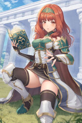  1girl arm_guards armor armored_boots belt black_gloves black_skirt black_thighhighs blush book boots breastplate breasts brown_belt cape celica_(fire_emblem) celica_(fire_emblem)_(valentia&#039;s_hope) day detached_collar earrings fingerless_gloves fire_emblem fire_emblem_echoes:_shadows_of_valentia fire_emblem_heroes gloves gold_trim grass headpiece holding holding_book jewelry kamuchin_soda long_hair looking_at_viewer medium_breasts nintendo o-ring official_alternate_costume on_ground on_one_knee outdoors panties pantyshot pillar red_eyes red_hair shirt skirt solo thighhighs underwear white_cape white_panties white_shirt 