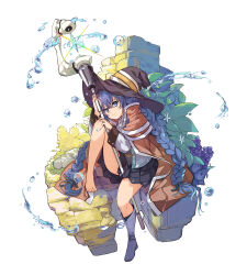  1girl barefoot black_hat black_skirt blue_eyes blue_hair blue_ribbon boots braid brown_cloak bubble cloak closed_mouth collared_shirt commentary crossed_bangs feet flower g_yuusuke hair_between_eyes hair_ribbon hat highres holding holding_staff jacket knee_boots knee_up leaning_to_the_side long_braid long_hair long_sleeves looking_at_viewer low_twin_braids mage_staff mushoku_tensei plant pleated_skirt ribbon roxy_migurdia shirt single_boot sitting skirt smile solo staff toes twin_braids very_long_hair water white_background white_flower white_footwear white_jacket white_shirt witch_hat 