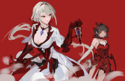  18_kawaki 2girls bare_shoulders black_hair breasts character_request choker cleavage demon_horns demon_wings doll_joints dress elbow_gloves frilled_choker frills gloves hair_intakes hair_ribbon hairband highres holding holding_weapon horns joints large_breasts long_hair lucia:_plume_(punishing:_gray_raven) lucia_(punishing:_gray_raven) maid_headdress mechanical_arms multicolored_hair multiple_girls official_alternate_costume pantyhose punishing:_gray_raven red_background red_choker red_dress red_hairband red_ribbon ribbon streaked_hair two-sided_dress two-sided_fabric weapon white_dress white_gloves white_hair white_pantyhose wings 