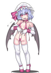  1girl bat_wings bdsm clothes_pull collar cuffs detached_collar elbow_gloves fang female_focus flat_chest frills full_body gloves hat hat_ribbon highres loli looking_at_viewer mersoleil03 mob_cap navel one-piece_swimsuit one-piece_swimsuit_pull open_mouth pink_wrist_cuffs purple_hair red_eyes remilia_scarlet ribbon shoes short_hair simple_background skindentation slave solo swimsuit thigh_gap thighhighs touhou wings wrist_cuffs  rating:Questionable score:52 user:fobar