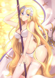  1girl arm_up banner bare_arms bare_shoulders between_breasts blonde_hair blue_eyes bra breasts closed_mouth collarbone commentary_request fate/grand_order fate_(series) garter_straps gogatsu_fukuin groin headpiece highres holding jeanne_d&#039;arc_(fate) jeanne_d&#039;arc_(ruler)_(fate) kneeling large_breasts light_particles long_hair looking_at_viewer navel panties see-through shiny_skin smile stomach thighhighs underwear underwear_only very_long_hair wavy_hair white_bra white_panties white_thighhighs yellow_background  rating:Questionable score:29 user:danbooru