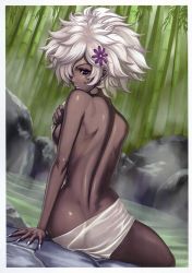  1girl afro ass back bamboo bamboo_forest breasts dark-skinned_female dark_skin eiwa fingernails flower forest grasshopper_manufacture hair_ornament hair_over_one_eye highres long_fingernails looking_back nail nature no_more_heroes nude onsen shinobu_jacobs short_hair sideboob small_breasts solo steam towel water white_hair  rating:Questionable score:144 user:danbooru