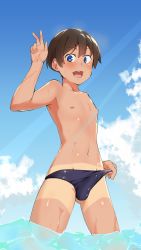  1boy :d arm_up armpits beach black_hair black_male_swimwear black_swim_briefs blue_eyes blue_sky blush bulge character_request cloud collarbone copyright_request dot_nose erection erection_under_clothes from_below guppydaze hair_between_eyes happy highres looking_at_viewer male_focus male_swimwear male_swimwear_pull navel nipples open_mouth outdoors partially_submerged pulled_by_self sky smile solo source_request swim_briefs swim_briefs_pull swimsuit tan tanline teeth topless topless_male upper_teeth_only v wading water wet  rating:Questionable score:26 user:jamminthecity
