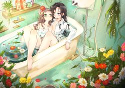 2girls absurdres age_difference barefoot bathtub breasts brown_hair camisole clothed_bath female_focus flower green_eyes hair_flower hair_ornament hand_on_another&#039;s_head highres indoors kasaura loli long_hair messy_hair multiple_girls onee-loli open_clothes open_shirt original partially_submerged plant potted_plant purple_eyes same-sex_bathing see-through shared_bathing smile wet yuri rating:Questionable score:62 user:danbooru