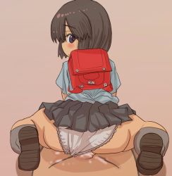  1boy 1girl age_difference ass backpack bag black_hair blush clothed_sex clothing_aside cum cum_in_pussy flat_chest from_behind girl_on_top hetero kozzytan loli looking_back panties panties_aside penis pussy randoseru sex underwear upskirt vaginal  rating:Explicit score:35 user:oyigui